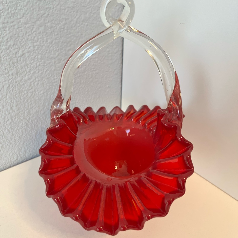 Fenton Scarlet Glass Art Basket Ruby Red Ruffled Crimped Edge & Clear Handle - Picture 4 of 6